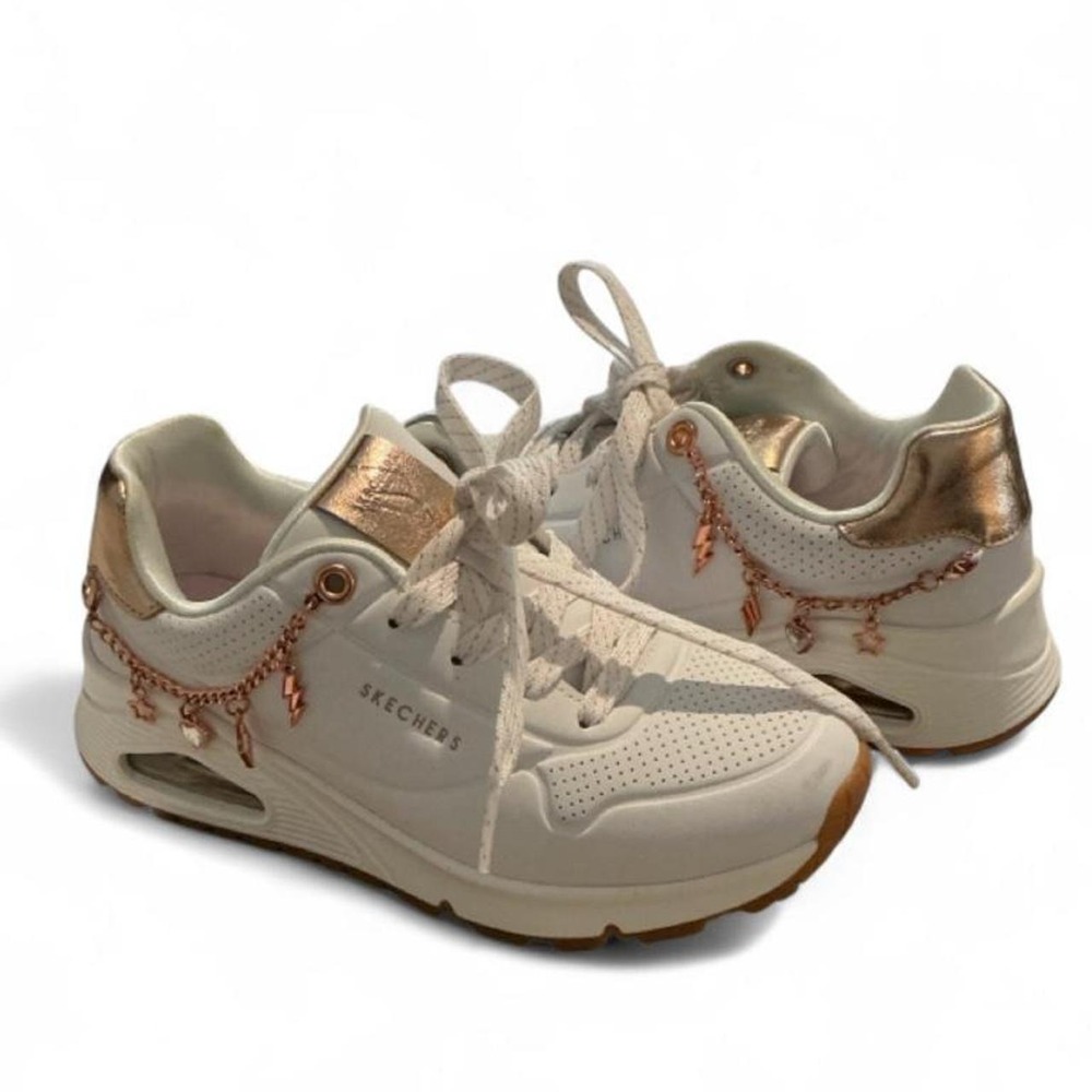 Skechers Uno Gen1 Cool Heels Kids Girls 1 White Rose Gold Charm Sneakers